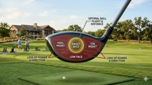 An instructional diagram mapping the clubface of a beginner's driver, contrasting a perfect center-face impact with off-center heel and toe mishits.