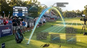 Physics illustration showing the optimal launch angle for distance in long drive golf.