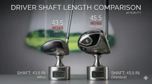 Diagram measuring a shorter 43.5-inch mini driver shaft against a standard driver shaft length of 45.5 inches.