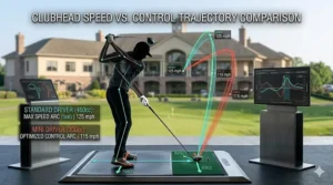 Graphic illustrating how a standard driver generates maximum distance through clubhead speed, while a mini driver prioritizes control and fairway-finding accuracy.