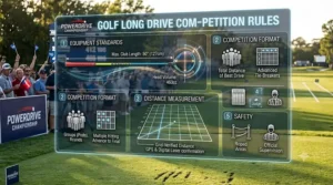 Infographic explaining official regulations and scoring for a long drive golf contest.