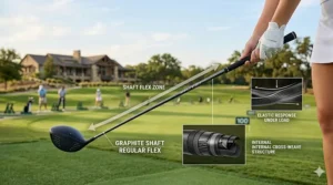 A photorealistic graphic showcasing a lightweight graphite shaft with a regular or senior flex, demonstrating how shaft flexibility aids ball speed for a beginner's slower swing speed.