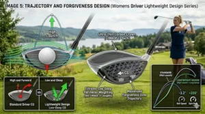 Trajectory diagram illustrating the high launch angle and forgiveness of a women's driver with a lightweight design.