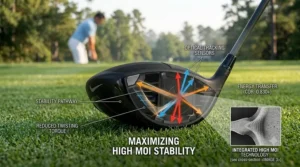 Technical graphic illustrating high MOI stability in golf drivers.