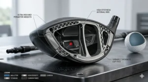 Cross section diagram showing the internal weighting and center of gravity placement inside an ultra high MOI driver head.