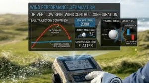 Digital illustration of launch monitor metrics highlighting low spin rate and optimized launch angle for playing golf in the wind.