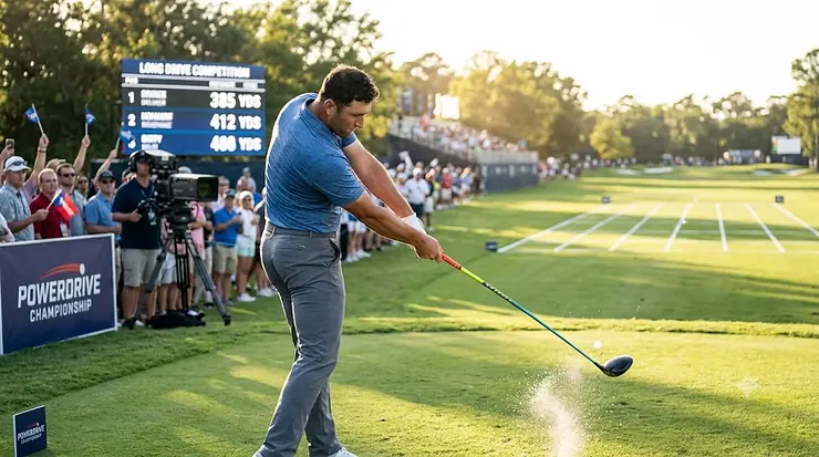 Professional golfer celebrating after a powerful swing at a long drive competition. long drive competition driver