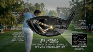 Cross-section view of a golf driver with a low center of gravity.