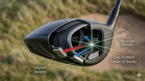 Diagram of a golf driver head showing a forward and low center of gravity placement designed to reduce spin in windy conditions.