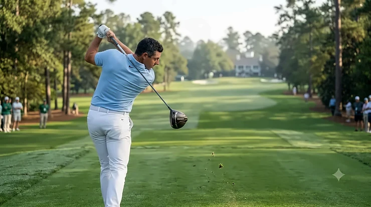 Golf pro swinging a modern driver designed with maximum distance technology. maximum distance driver technology