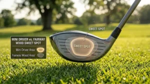 Graphic overlay of a mini driver face showing the enlarged sweet spot compared to a traditional fairway wood for better off-center hits.