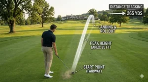 A tracking graphic showing a long, piercing ball flight down the middle of the fairway after a successful shot with a mini driver.