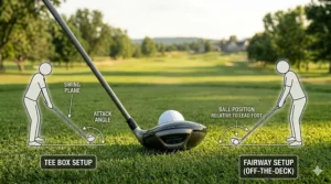 Diagram showing the subtle adjustments in stance and swing path when hitting a mini driver from the fairway versus using it on a tee.