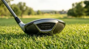 Illustration highlighting the contoured sole of a mini driver designed to glide smooth across the fairway turf without digging.