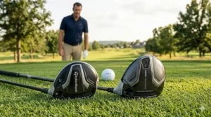 Side-by-side comparison of a 3-wood and a mini driver on the fairway, showcasing the difference in clubhead size and sole design.
