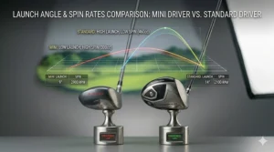 A launch monitor data graphic comparing the higher spin and lower launch angle of a mini driver to the high-launch, low-spin profile of a standard driver.