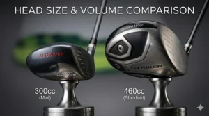 An illustration highlighting the volume difference between a compact 300cc mini driver and a maximum-allowable 460cc standard driver head.