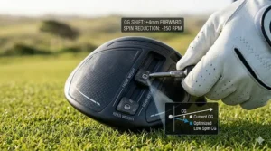 Diagram showing how to position movable weights forward on a golf driver to achieve lower spin rates for wind control.