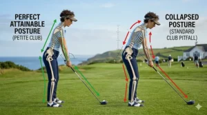 Diagram showing the ideal posture and stance alignment for a petite woman using a properly fitted golf driver.