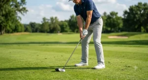 Proper ball position and stance for hitting a 3 wood off the deck.