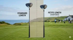 Illustration comparing a standard length ladies club with a shorter women's driver designed for petite height players.