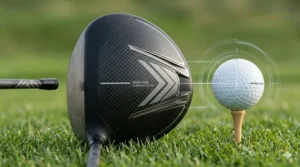 Top down address view of an ultra high MOI driver head with alignment lines behind a golf ball.