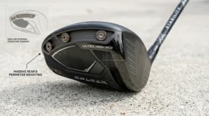 Close up view of the sole on an ultra high MOI driver head highlighting perimeter back weights.