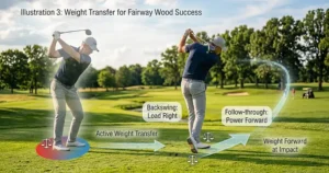 Illustration demonstrating weight transfer for 3 wood off the deck success.