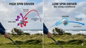 Illustration comparing a high-spinning golf ball ballooning in the wind versus a low spin driver trajectory piercing through headwind.