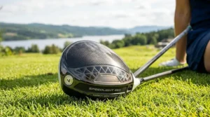 Close-up of a premium women's driver featuring a lightweight design carbon composite crown for increased head speed.