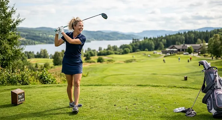 A female golfer executing a smooth swing on a sunny golf course using a women's driver with a lightweight design. women's driver lightweight design