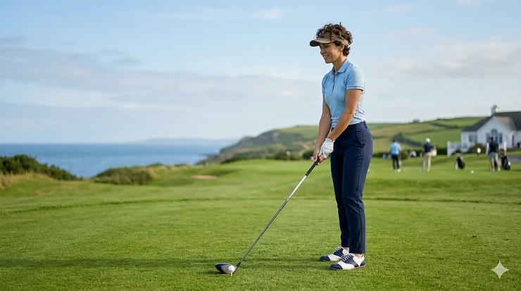 A photorealistic, high-resolution photo of a petite woman in an athletic golf stance, holding a custom-fitted driver on a lush golf course with soft, natural daylight. women's driver petite height