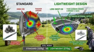 A weight distribution infographic comparing a traditional heavy club with a women's driver lightweight design.