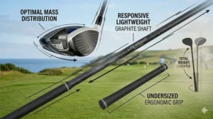 Infographic explaining club total weight and swing weight adjustments for a women's driver suited for petite height.