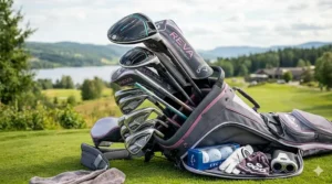 A modern golf bag on the course featuring a premium women's driver with an aerodynamic lightweight design.