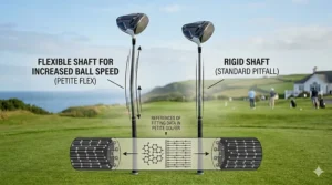 Graphic illustrating different golf shaft flex options and lightweight graphite materials for shorter female players.