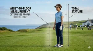 Step-by-step guide illustrating how to take a wrist-to-floor measurement to fit a women's driver for a petite height golfer.