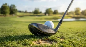Close-up of 5 wood club head showing larger profile for distance.
