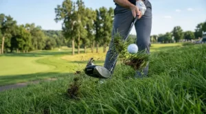 Visual representation of the 5-wood making contact with a ball nestled in the rough.