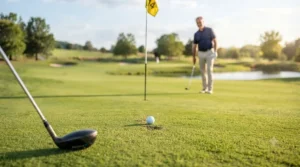 5 wood approach shot landing softly on the golf green.