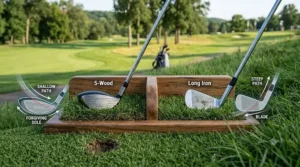 Comparison graphic showing a 5-wood vs. a long iron for better performance in the rough.