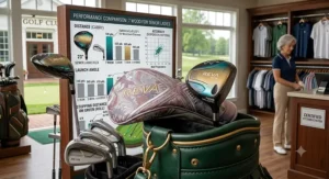 A high-quality 7 wood club resting on a golf bag, perfect for senior ladies' golf sets.