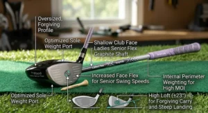 Technical diagram highlighting the ideal loft angle of a 7 wood for senior ladies.
