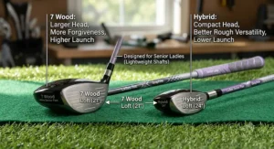 A comparison graphic showing the head design of a 7 wood vs a hybrid for senior ladies.