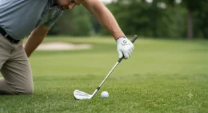 Golfer at address position inspecting the compact profile and traditional look of muscle back irons.