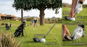 Close-up of a golfer adjusting the club face angle at address for effective utility hybrid shot shaping.