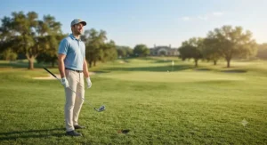 Golfer watching a successful approach shot land on the green after hitting a forgiving cavity back iron.