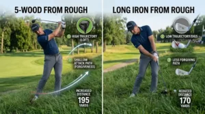 Infographic highlighting the forgiveness and distance benefits of a 5-wood in the rough.