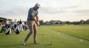 Tour-level golfer practicing shot shaping and workability with a blade iron on the driving range.