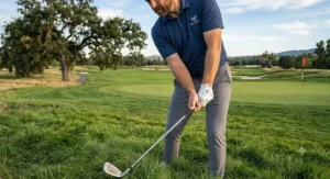 Golfer demonstrating the downward strike needed to hit a rescue club from the rough